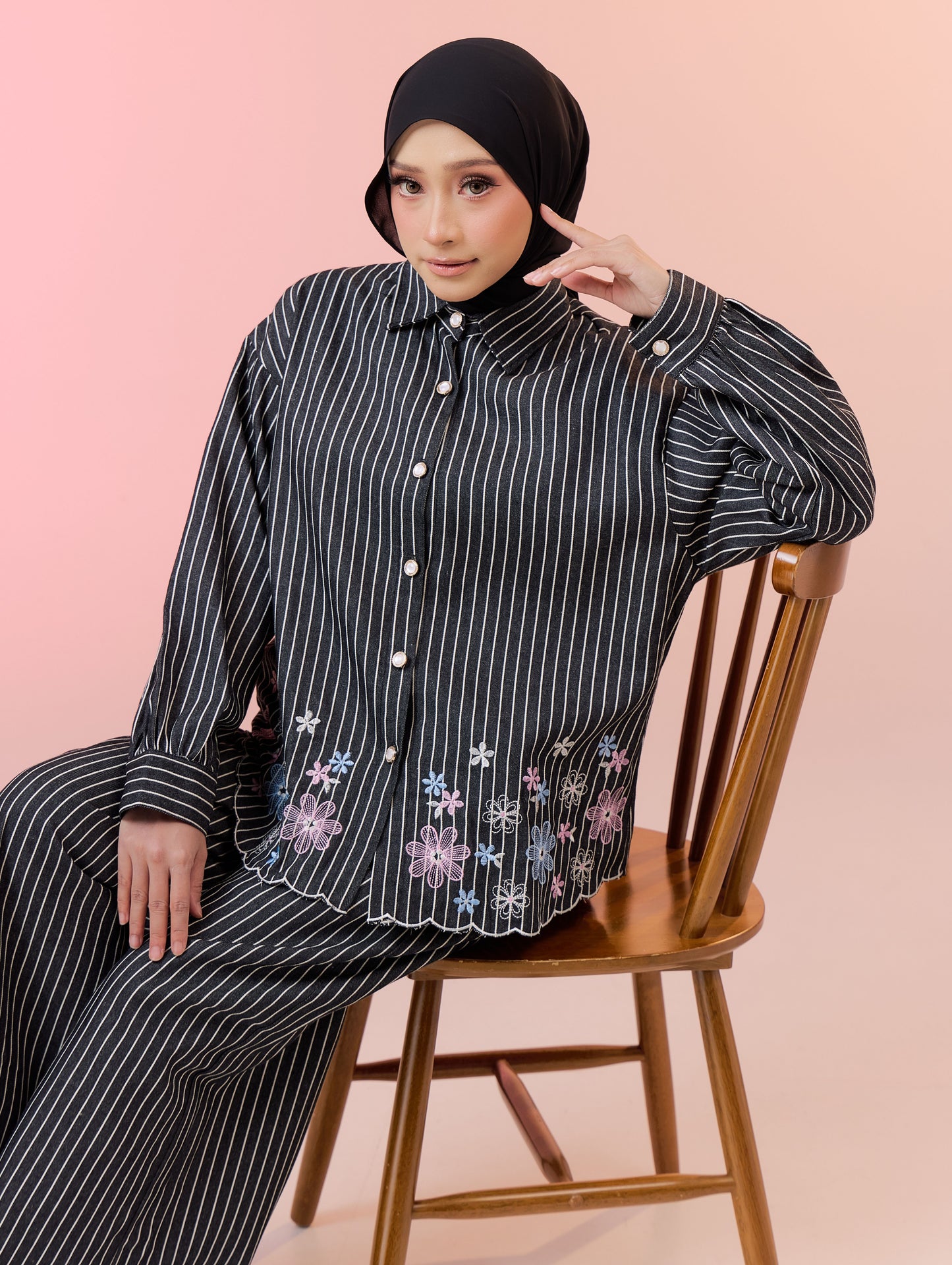 Delaila Denim Pants Set in Black