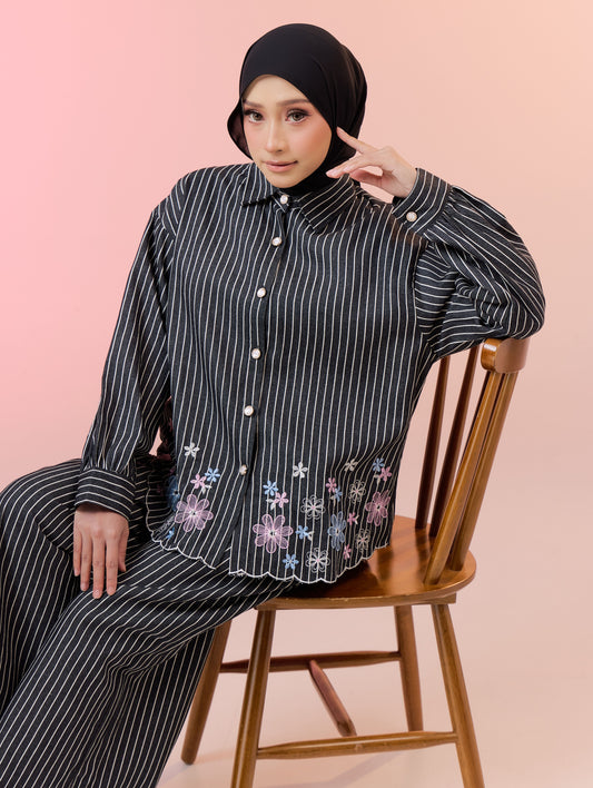 Delaila Denim Pants Set in Black